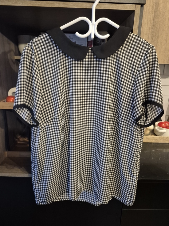 twik Tops - twik Black and White Gingham Peter Pan Collar Top